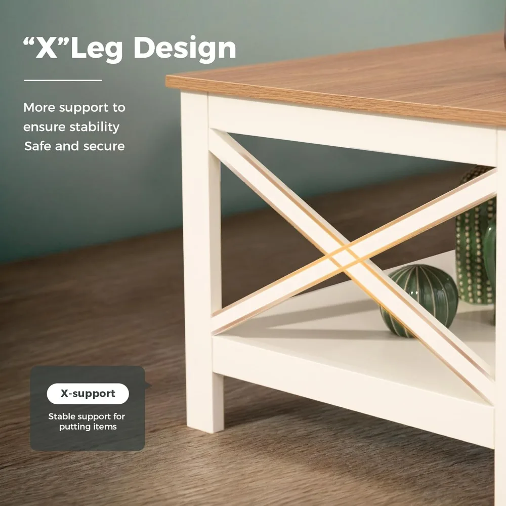 Mesa de centro de fazenda de 39 '', conjunto de mesa de centro de 2 camadas com armazenamento para sala de estar, mesa central rústica com design X-Frame, fácil bunda
