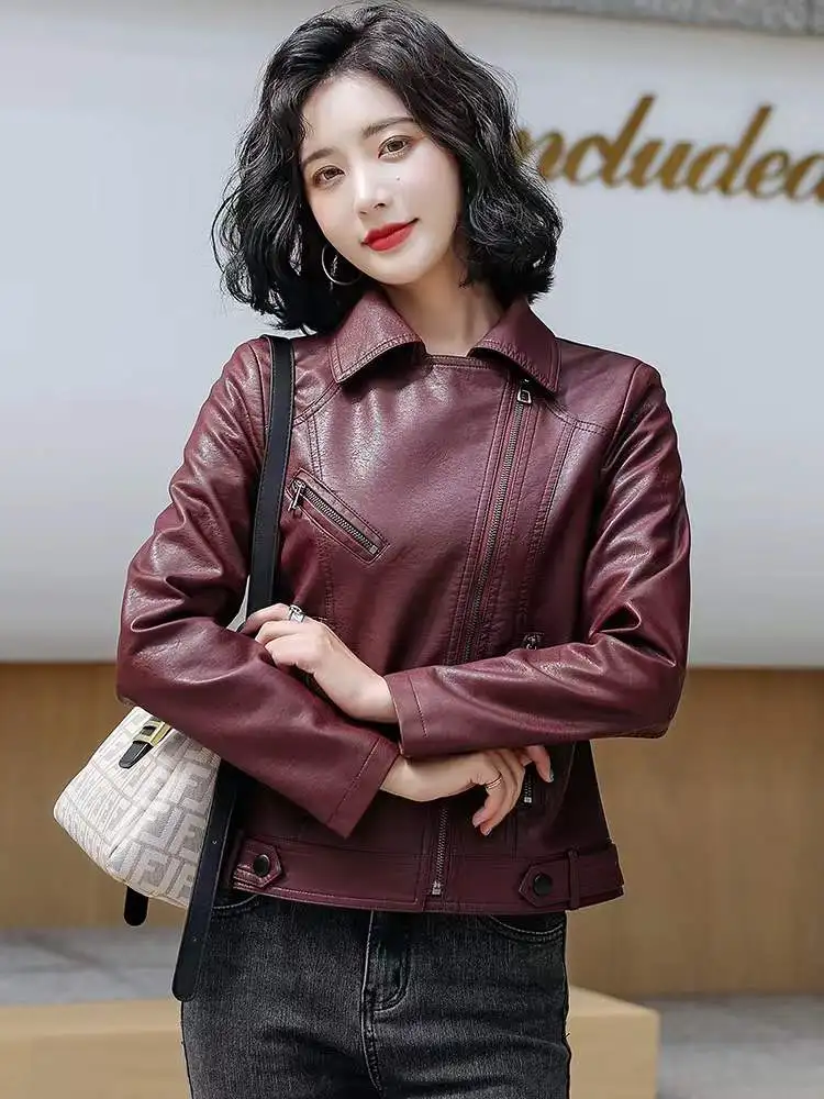 New Women Classic Leather Coat Spring Autumn 2024 Fashion Suit Collar Slim Short Sheepskin Outerwear Biker Leather Jacket Female