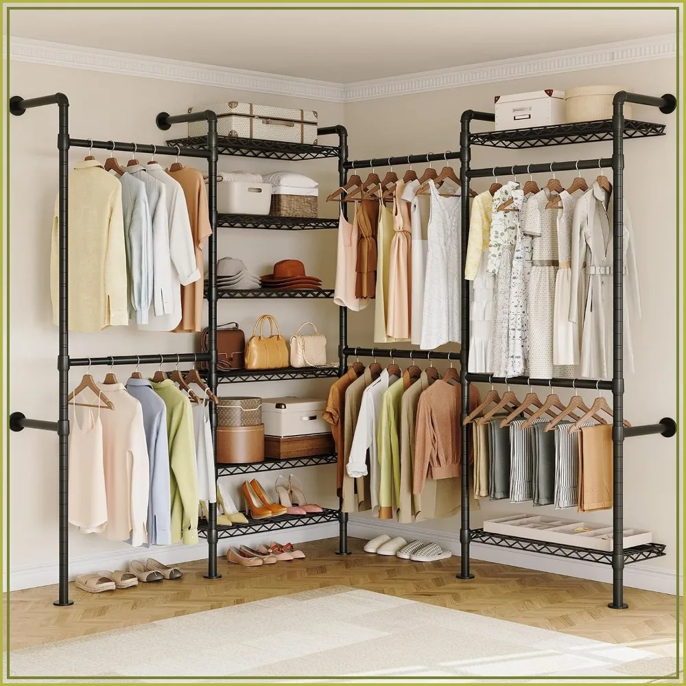 Wall Mounted Heavy Duty Corner Industrial Pipe Clothing Rack, Rustic Black Coat Hanger