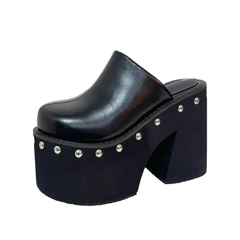 

11cm Height Increasing Women Slipper Fashion Rivet Design Leather Slides Summer Baotou Half Slippers Thick Sole High-heel Slides