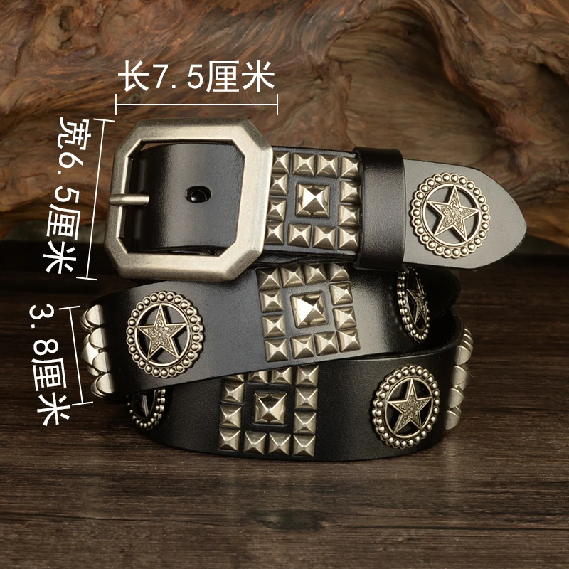 

High Quality Men Belts Top Full Grain 100% Top Grain Real Genuine Cowskin Leather Rivet Pin Buckle Jeans Belt With Holes