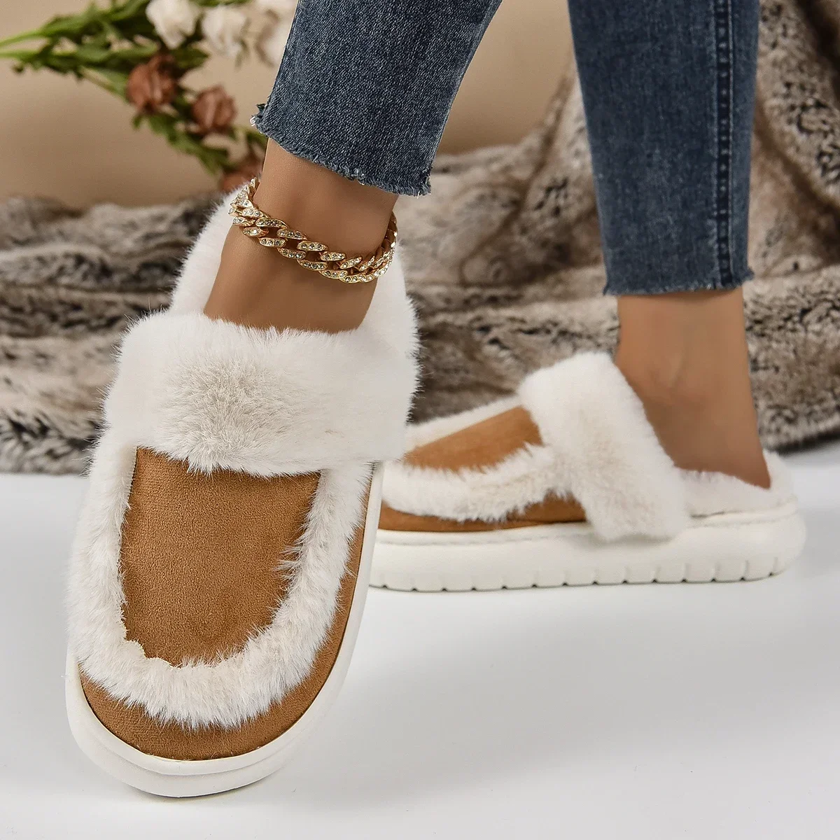 Winter Women Platform Fur Slippers Warm New Short Plush Flats Home Cotton Shoes Suede Slippers Slides Women Claquette Femme