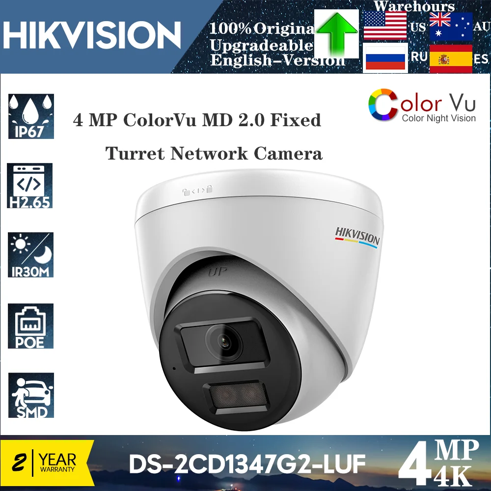 

Hikvision Original DS-2CD1347G2-LUF 4MP POE ColorVu Human Detection Built-in Mic Vehicle Detection Fixed Turret Network Camera