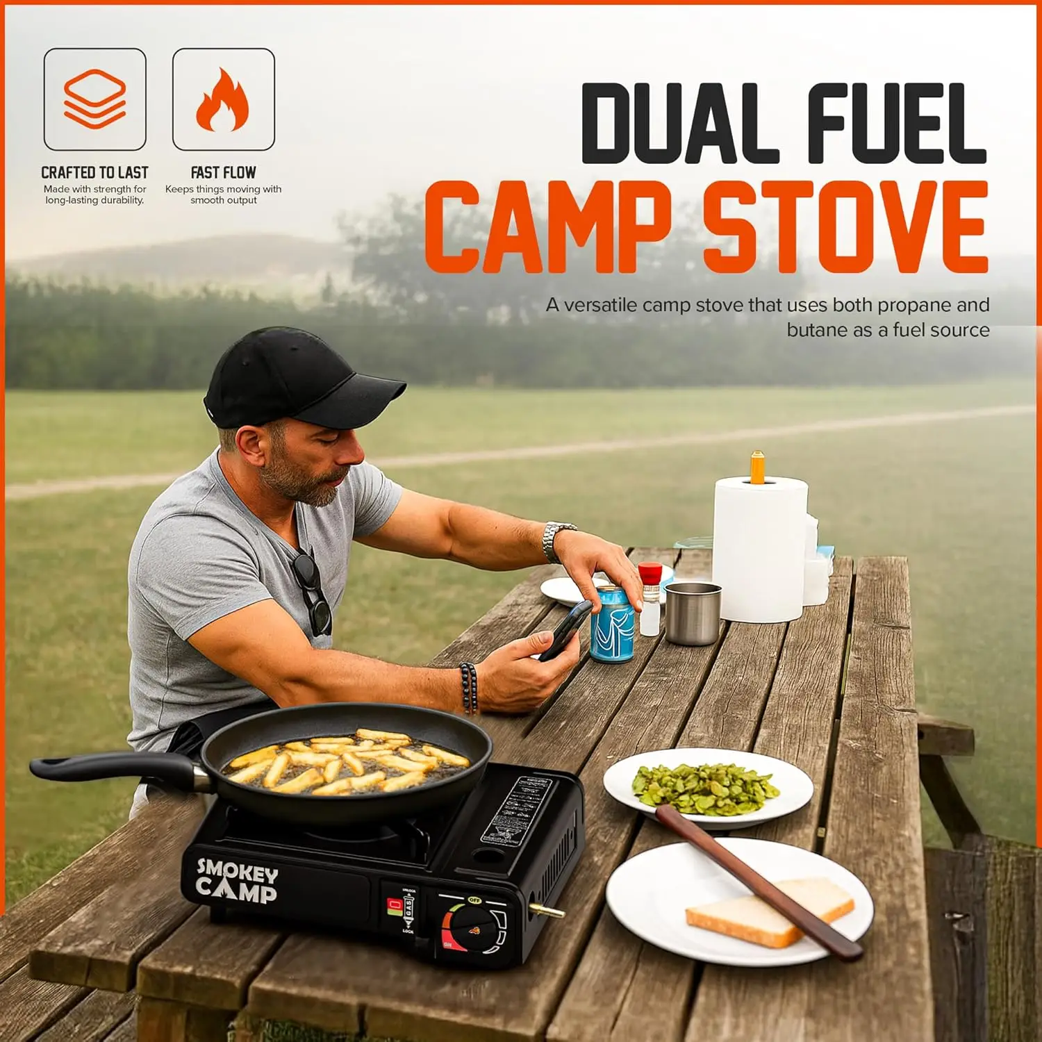 Portable 3000W Dual Fuel Camping Stove, Butane/Propane, Auto Ignition, Precise Control, Compact Design