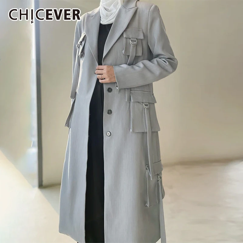 CHICEVER Casual Vintage Slim trencz dla kobiet karbowany kołnierzyk z długim rękawem jednorzędowe patchworkowe kieszenie elegancki trencz damski