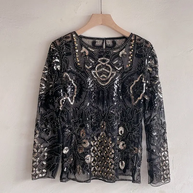 Autumn 2024 New Sequined Exaggerated Beaded Celebrity Temperament Perspective Round Neck Long-sleeved T-shirt Top