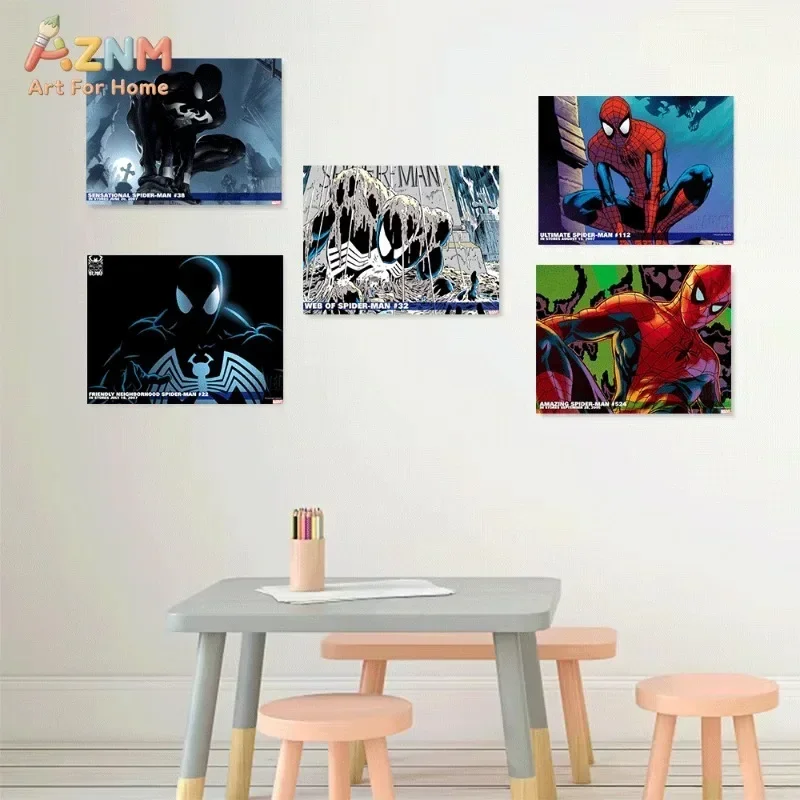 Black Symbiote Spider Man Canvas Wall Art Set 9PCS Vintage Marvel Comic Poster Spider-Man Venom Style Hulk Print Boys Bedroom view 2