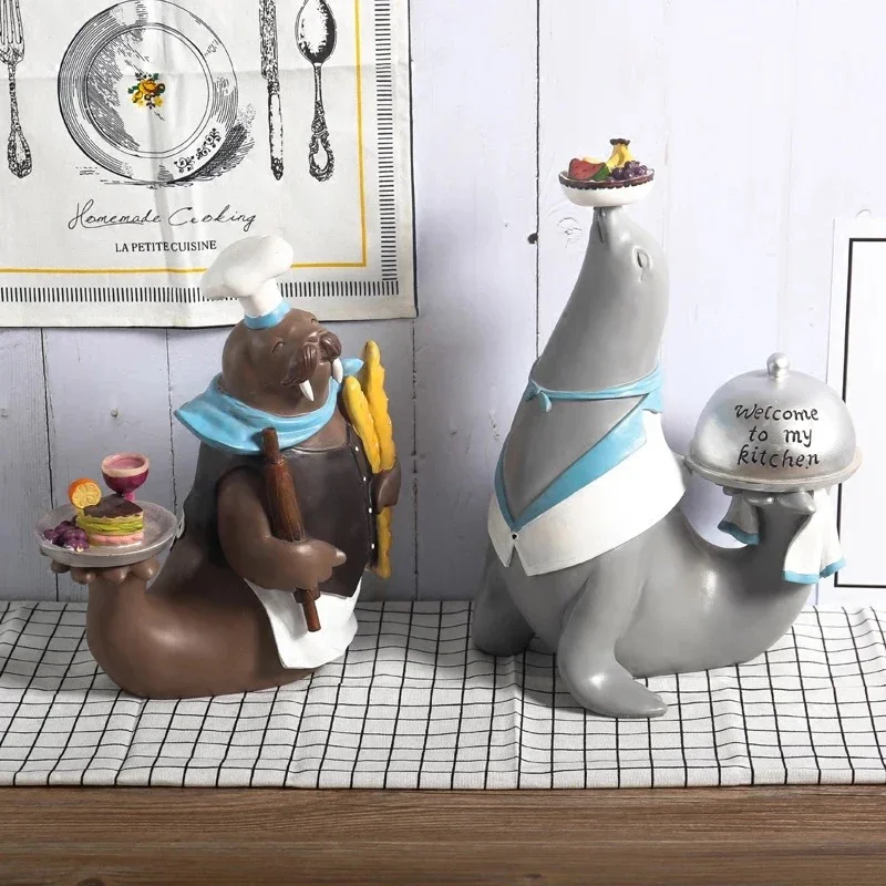 [MGT]-Nordic Style Sea lion Seal Chef Cartoon Animal Resin Sculpture, Creative Home Decoration, Cute Gift