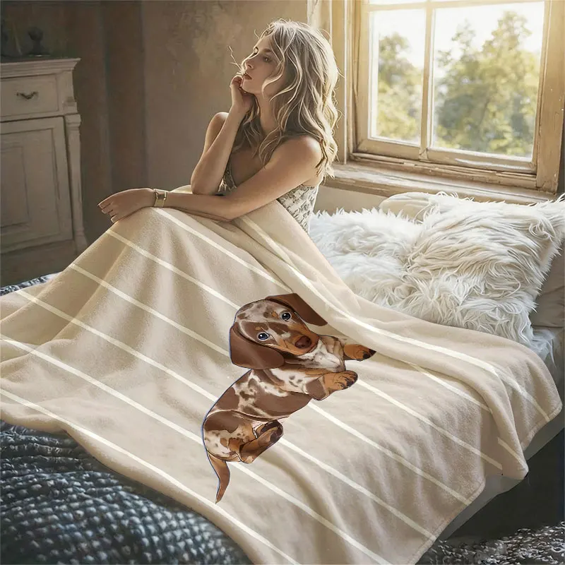 Dapple Dachshund Beige Flannel Blanket Perfect for Sofa Office Bed Travel Sleep Read Relax Camping Four Season Use