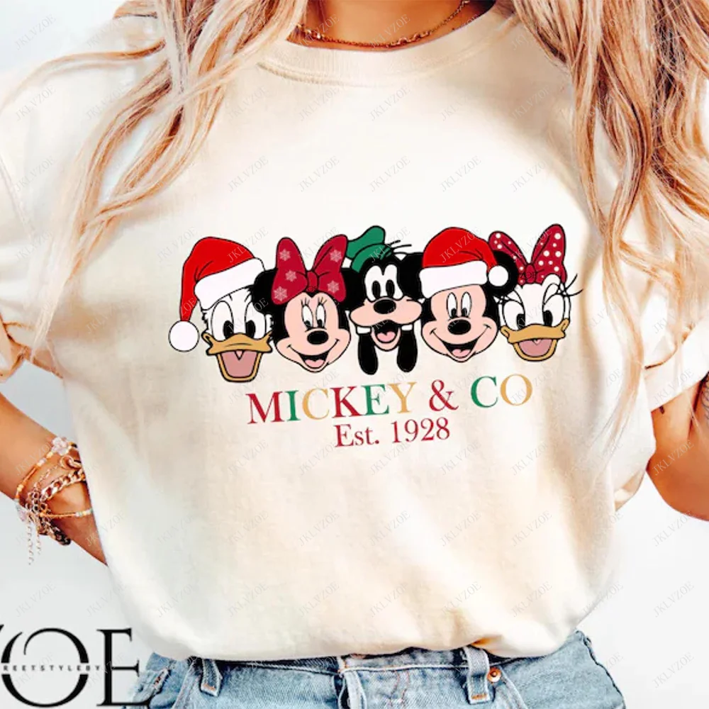 Comfort Colors Vintage Mickey Minnie Disney Girls Tops Cotton Shirt Disney Christmas Tee Tree Merry Party Gift Retro World Shirt