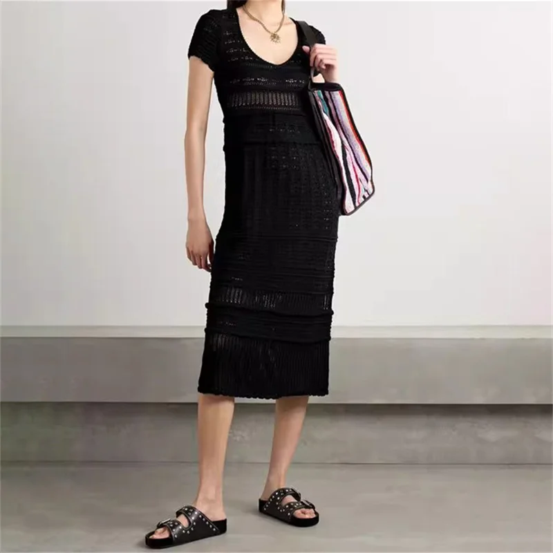 

Women's dress New elastic knitted casual short sleeved long dresses for summer 2025 Hollow out hip hugging dress party dresses