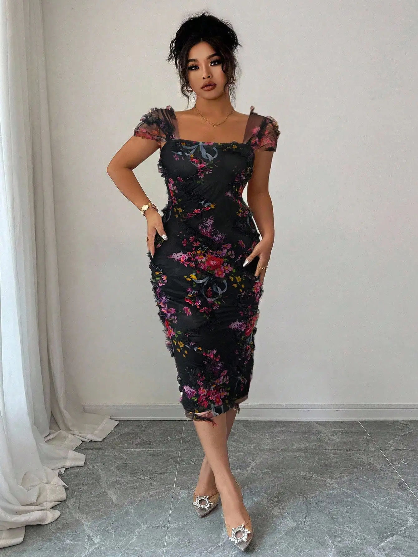

Romantic Plus Size Midi Dress Featuring Floral Print, Ruched Waist, Sheer Puff Sleeves For Spring Summer Occasions