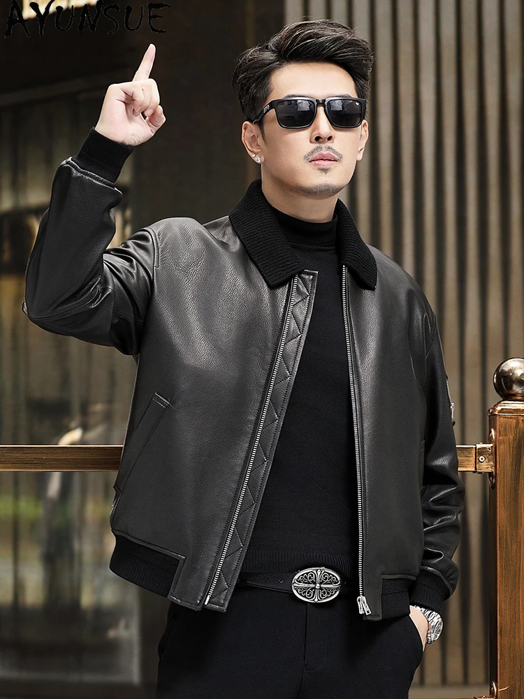 AYUNSUE Real Goatskin Leather Jackets Man 2025 Autumn Winter Double-layer Knitted Lapel Men Leather Jacket Short Baseball Coat