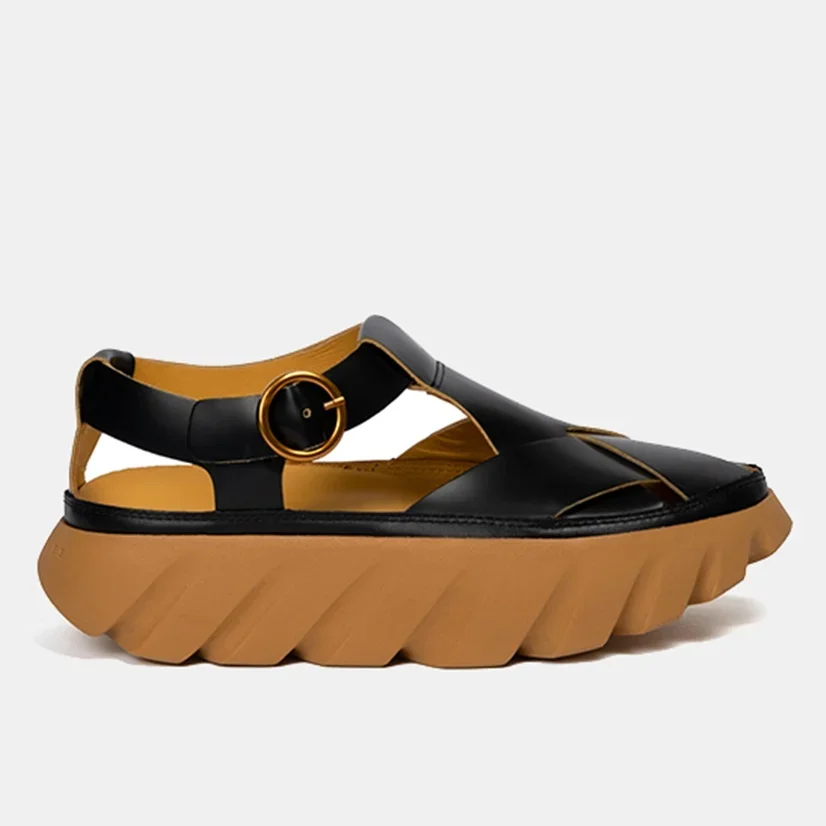 2026 Spring Summer Thick-Soled Closed-Toe Sandals for Women Cowhide Casual Outdoor Beach Shoes Platform Hollow Roman Shoes