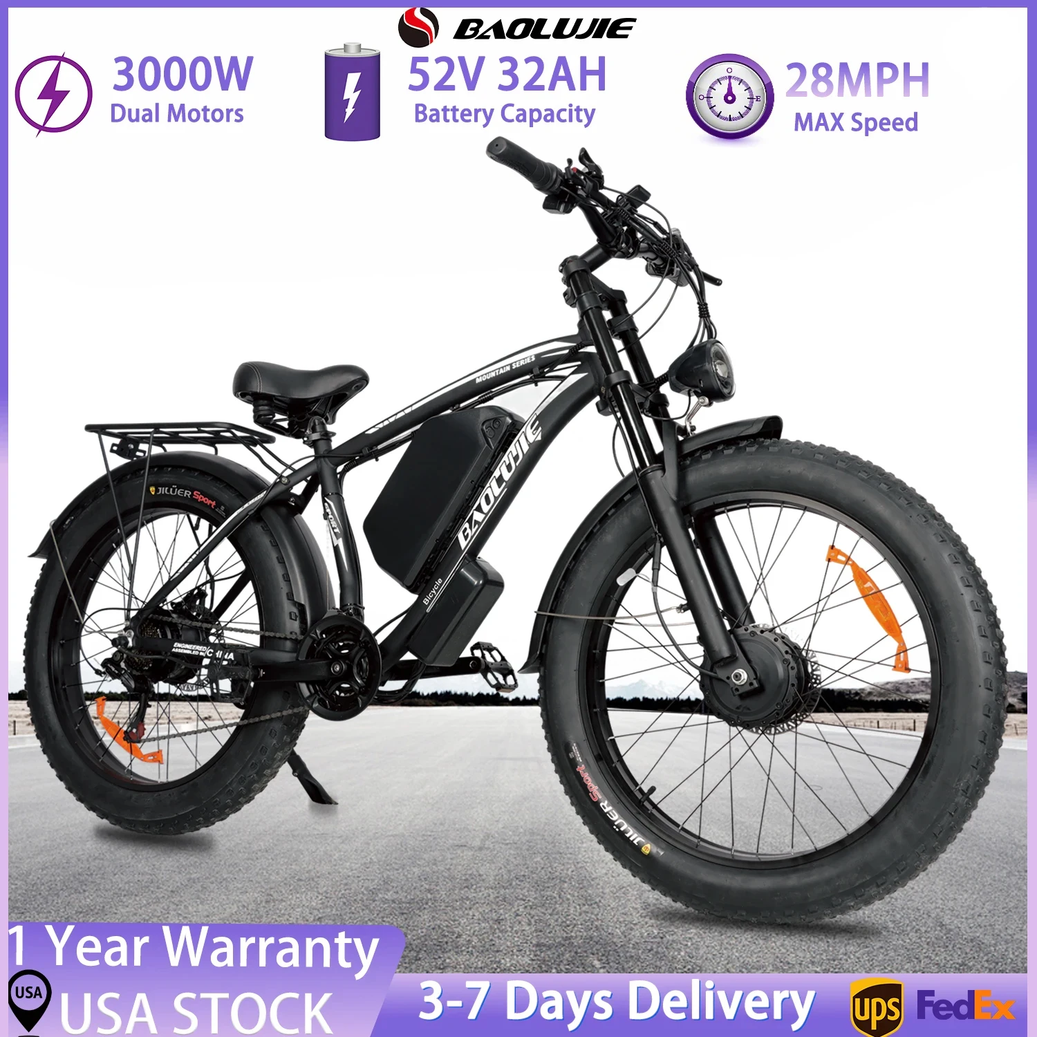

BAOLUJIE 2602 E-bike 3000W Motor 52V32AH Removable Lithium Battery Electric Bike Adult 7 Speed Electric Bicycle【1 Year Warranty】