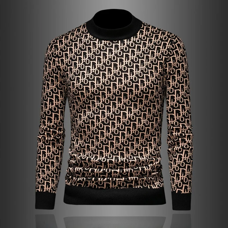 

Thiened round Ne Men's Knitted Sweater Faionable Winter Woolen Pullover Warm Sli Lightweight Printed Casual Urban S...