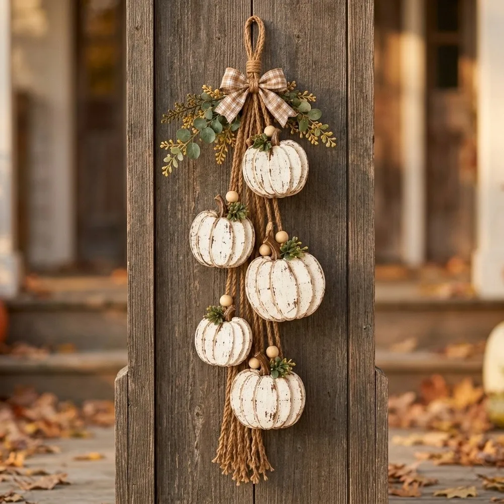 22.8 Inch Vertical Pumpkin Hanging Wall Decor With Rope Loop And Layered Foliage For Seasonal Door Entryway Porch Decoration