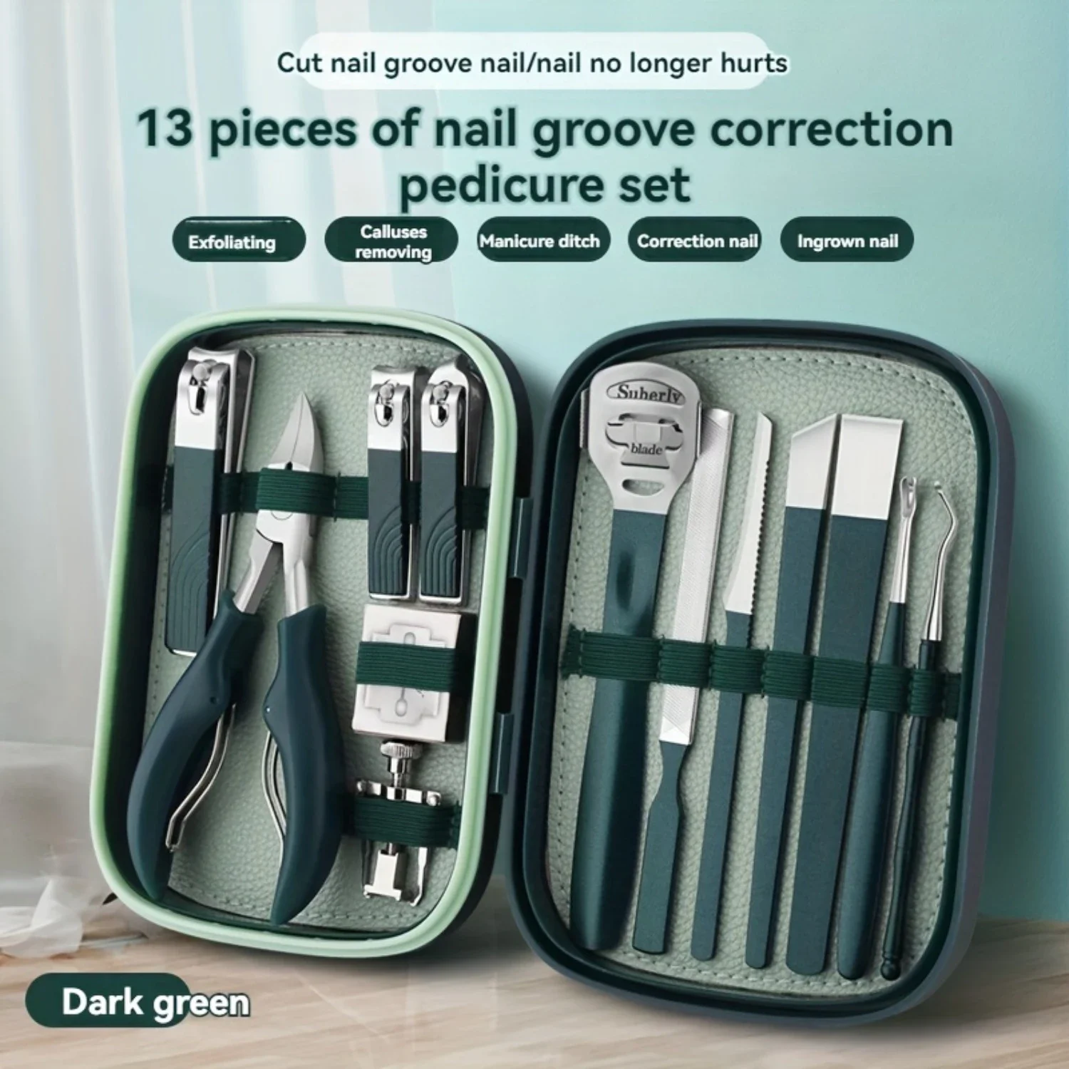 ชุดกรรไกรตัดเล็บ 13 ชิ้นพร้อมที่กันจอนและดันหนังกําพร้า - เครื่องมือแต่งเล็บแบบพกพาสําหรับใช้ ไม่ต้องใช้แบตเตอรี่