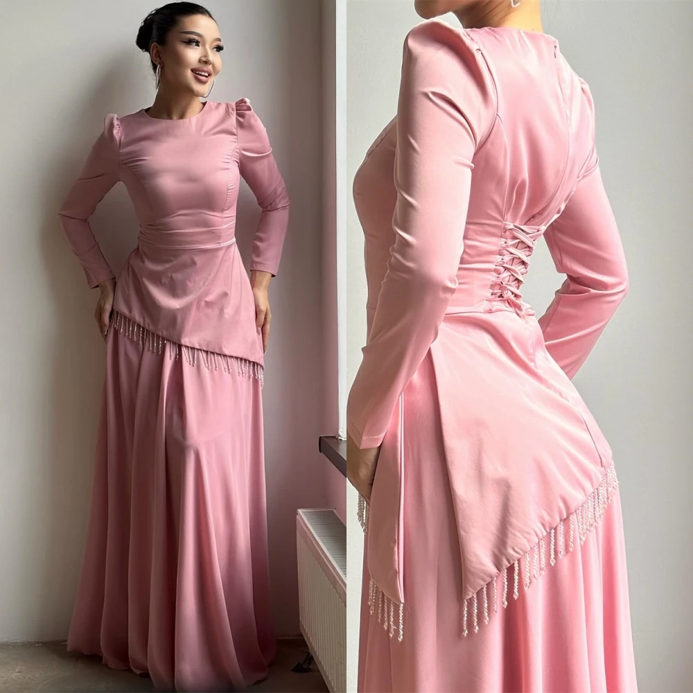 

Customized Soft Chiffon O-Neck Evening Dress Delicate Lace Up Back Prom Dresses Temperament Long Sleeves Special Occasion Gowns