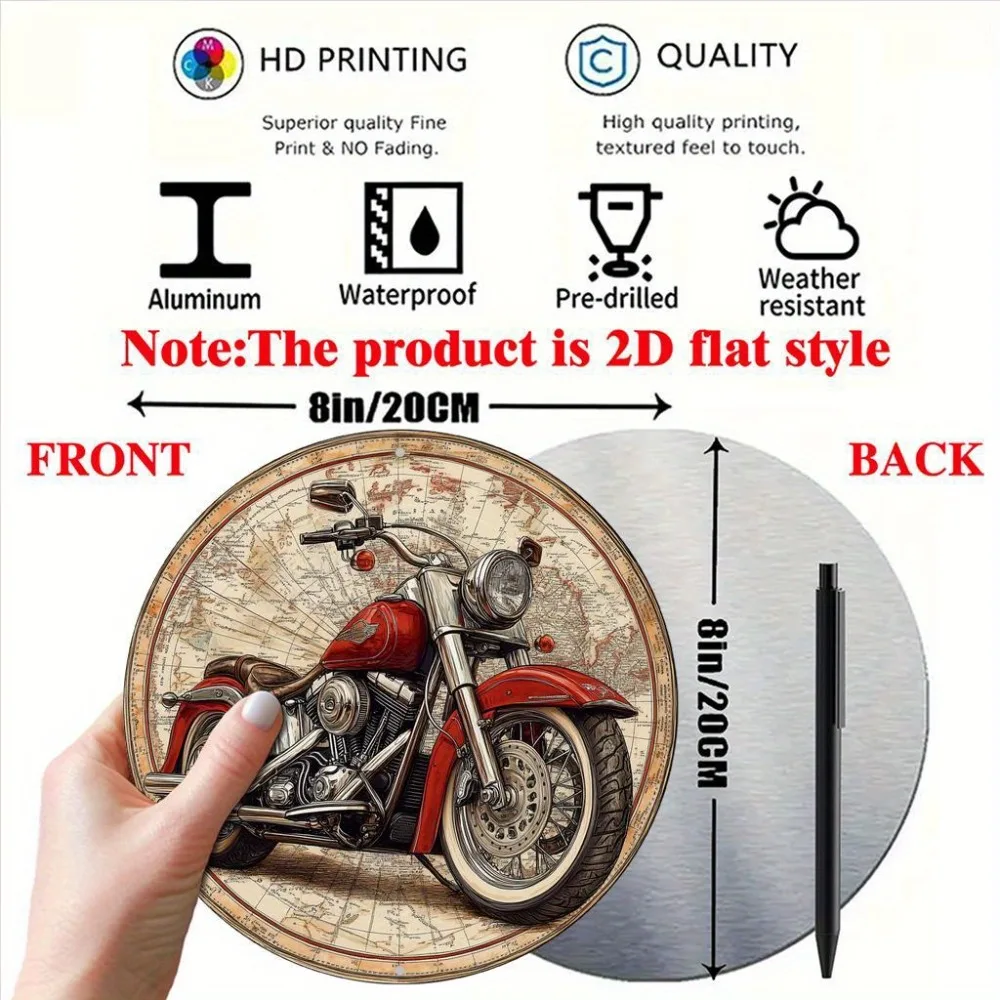 Vintage Red Motorcycle World Map 2D Flat Tin Sign - Retro Cruiser Biker & Vintage Map Themed Wall Decor for Garage, Man Cave, Ba