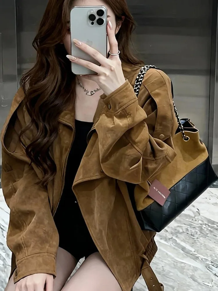 Women Faux Leather Coats Solid Jacket Turn Down Collar Long Sleeves Zipper Hem Belt Loose Fit Moto Streetwear 2026 Autumn Winter