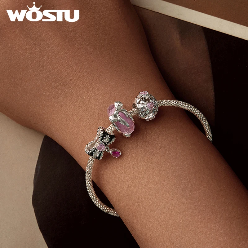 Wostu 925 prata esterlina rosa bowknot encantos contas de vidro murano original para amor meninas caber pulseira & colar diy jóias presente