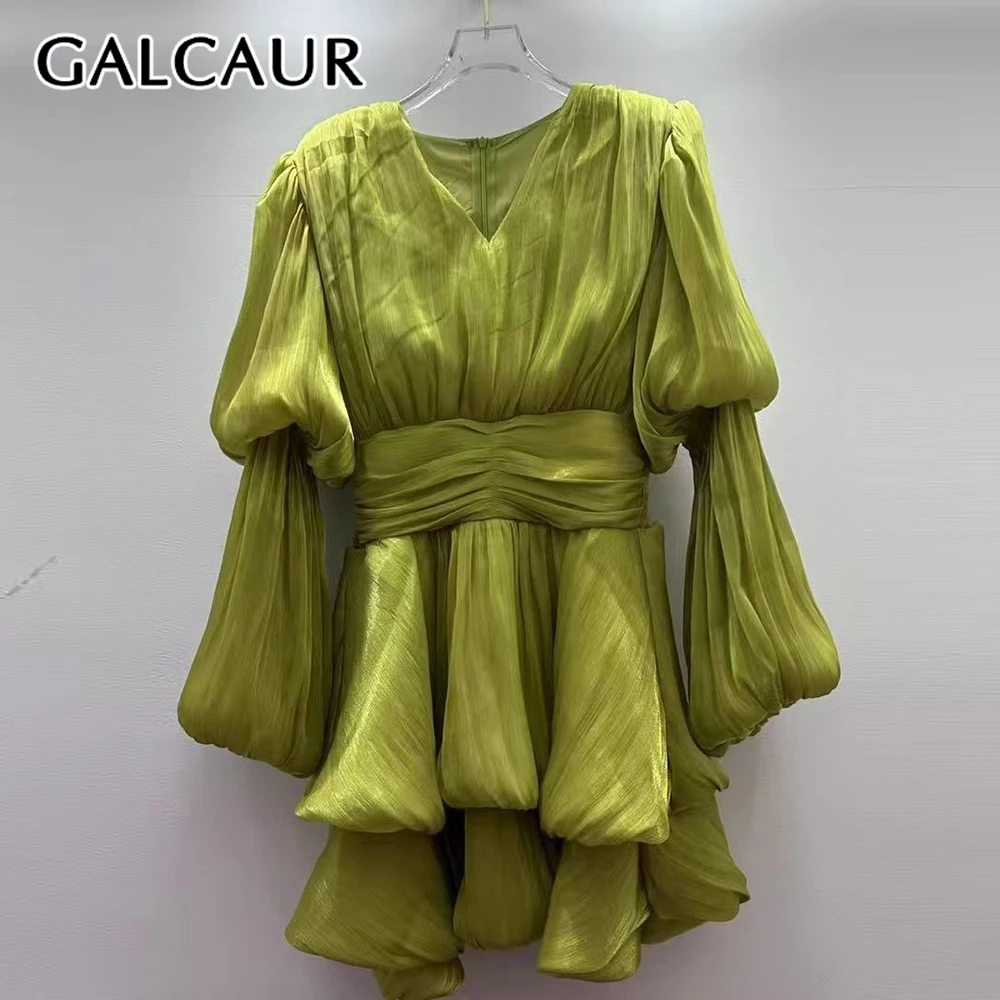 

Платье GALCAUR с V-образным вырезом, длинными рукавами, вставками и оборками, на молнии, свободного кроя, для женщин, новый модный стиль