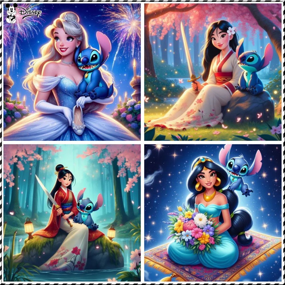 Disney Diamond Painting Princess & Stitch Full Round Diamond Embroidery Cartoon Complete Kit Art Home Decoration 30x30cm