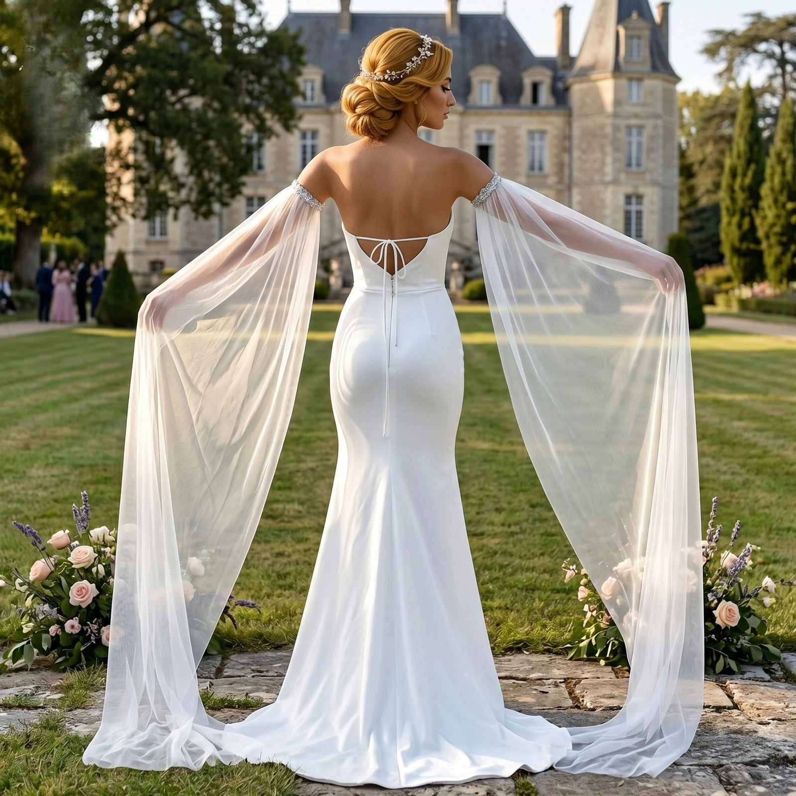 MM04 Sequin Tulle Long Tail Bridal Sleeves Arm Covers Wedding Veil Accessory for Bride