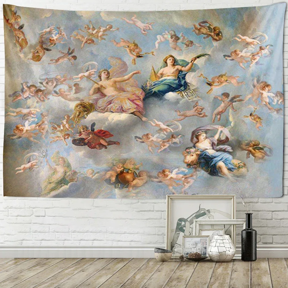 Vintage Mural Plaster Angels and Demons Wall Tapestry Blanket Art Hanging at Home Living Room Bedroom Home Decor