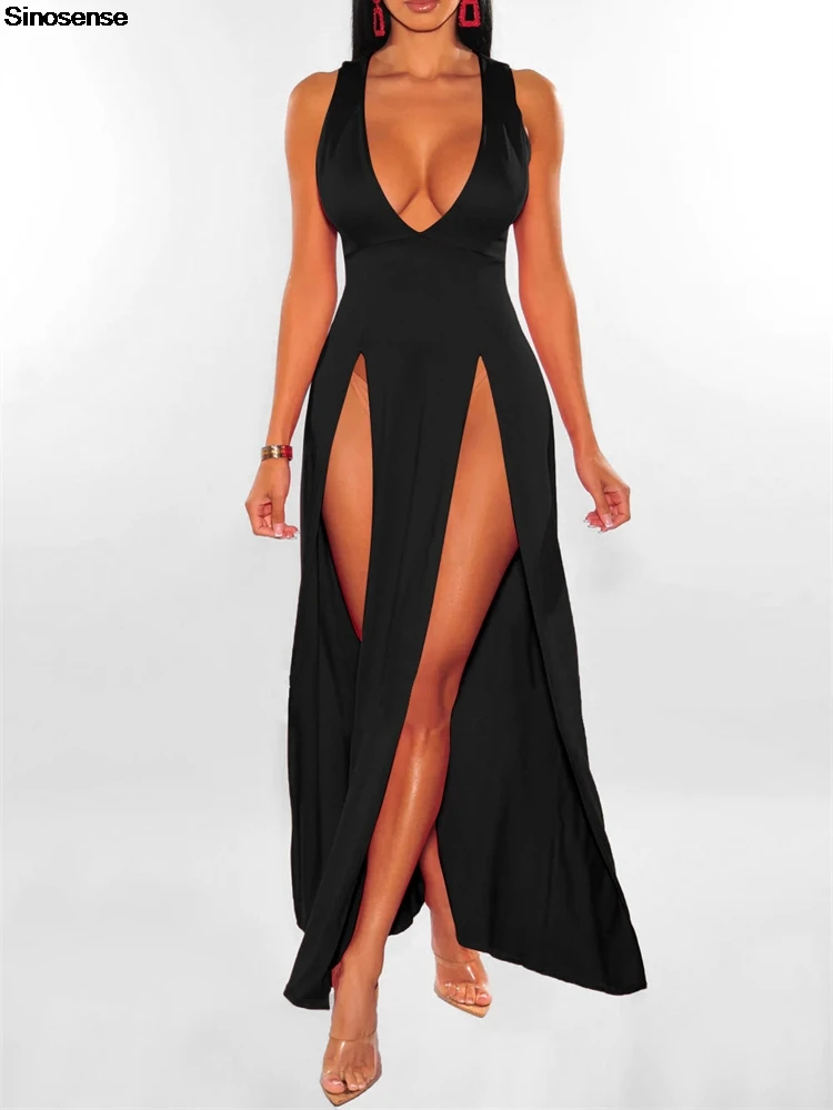 Womens Side Split Deep V Neck Bodycon Clubwear Maxi Vest Dress Sexy Sleeveless Bandage Slim Evening Cocktail Party Long Dress