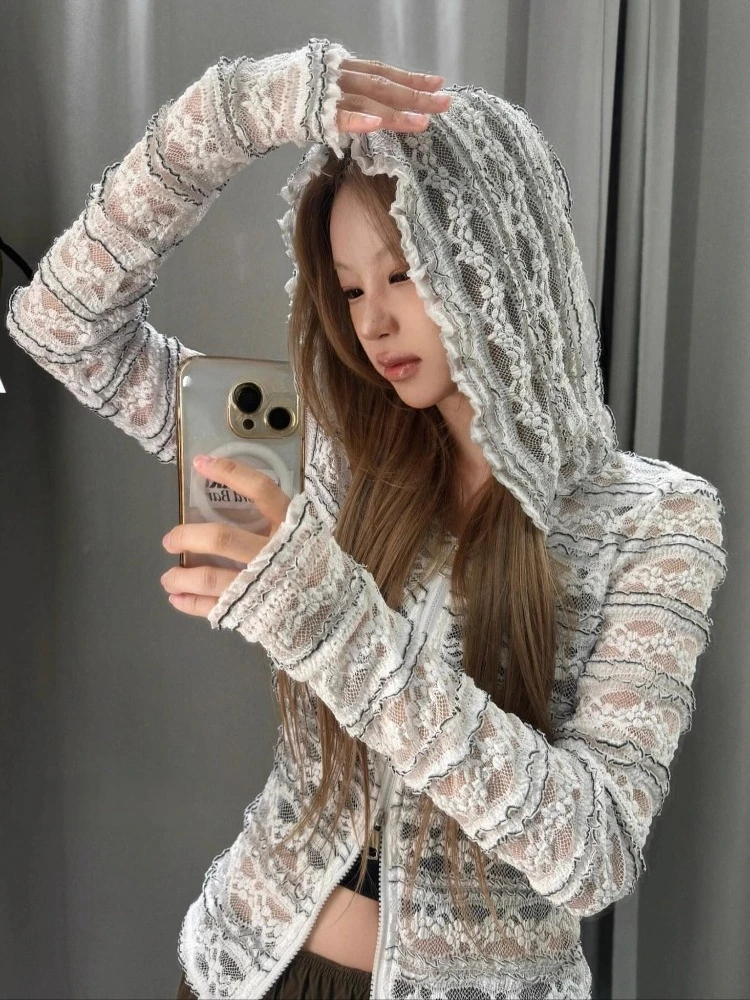 

Корейские субкультурные кружевные прозрачные куртки 2025, ранняя осень, новое пальто с капюшоном, женское пальто Y2k, эстетические облегающие топы на молнии Mujer