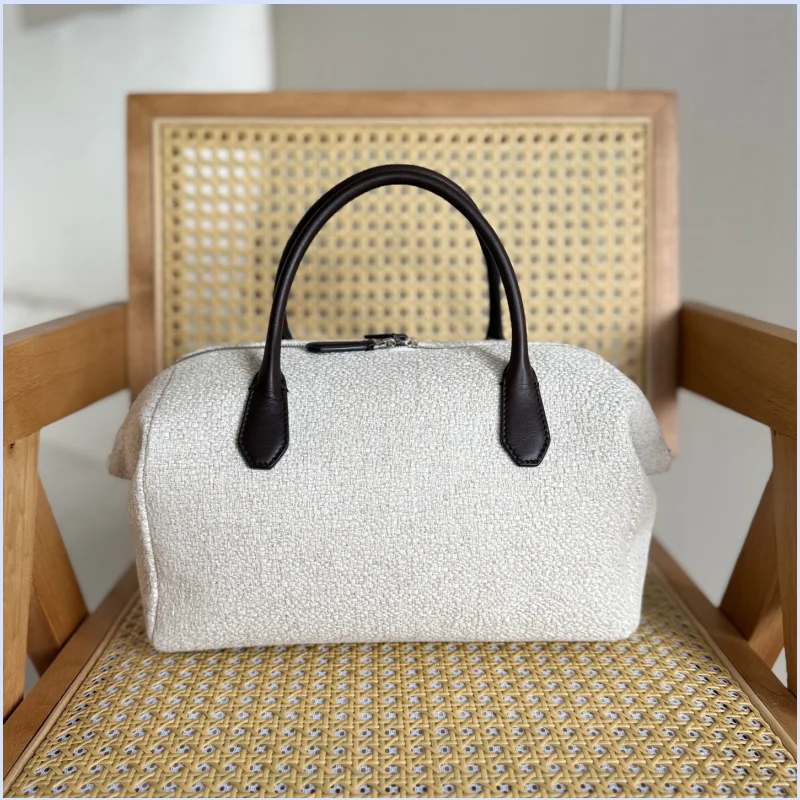 

2026 New Women's Linen Tote Bowling Bag Simple Commuter Beige Bucket Bag