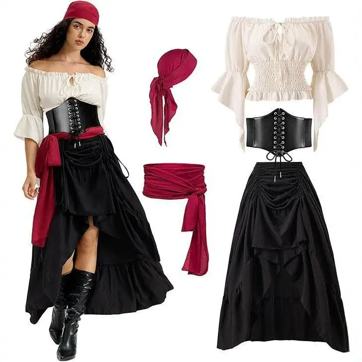 Medieval Pirate Cosplay Long Skirt with Waist Tie Halloween Costume Women's Ethnic Stage Wear Flared Hemline Pirate Outfit
