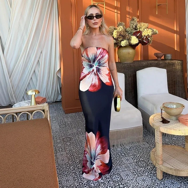 

New Floral Print Strapless Backless Bodycon Beach Maxi Dress For Women Summer 2024 Sleeveless Y2K Casaul Long Dress Sundres