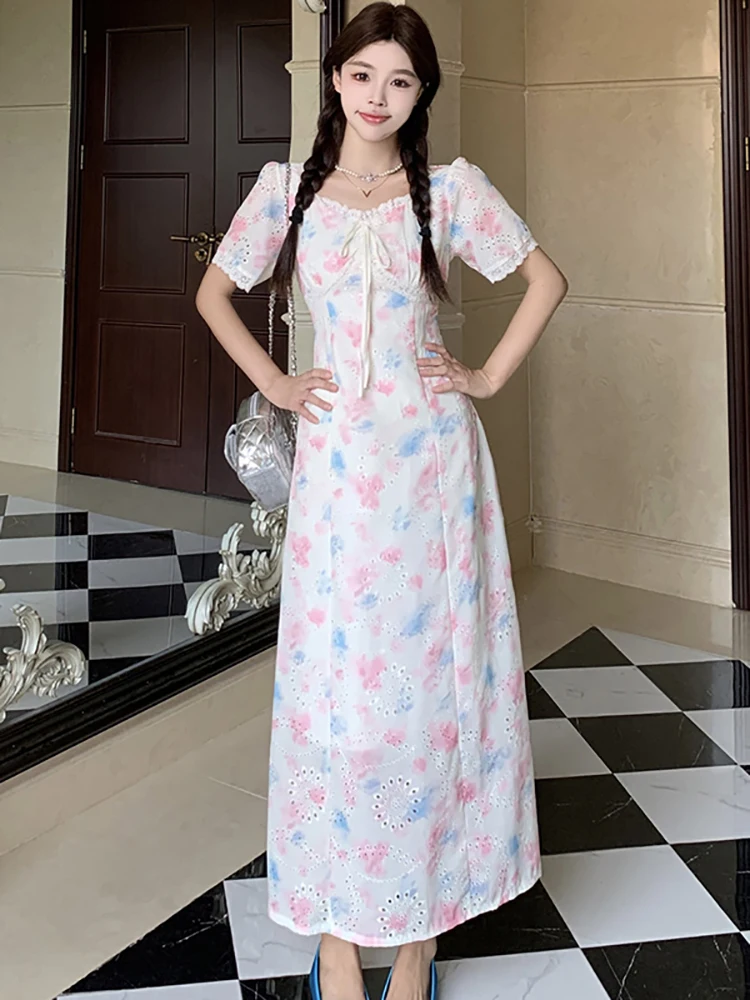 

2025 New Foral Chic Embrodier Lace Long Dress Summer Short Sleeve Bow Sqaure Collar Casual Dress Women Elegant Luxury Prom Dress