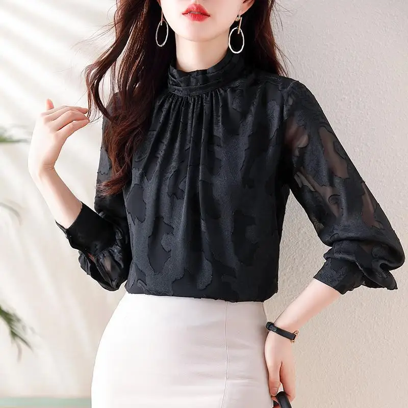 Women Korean Fashion Vintage Print Elegant Blouse Office Lady Casual Ruffled Stand Collar Shirt Sexy Mesh Long Sleeve Chic Tops