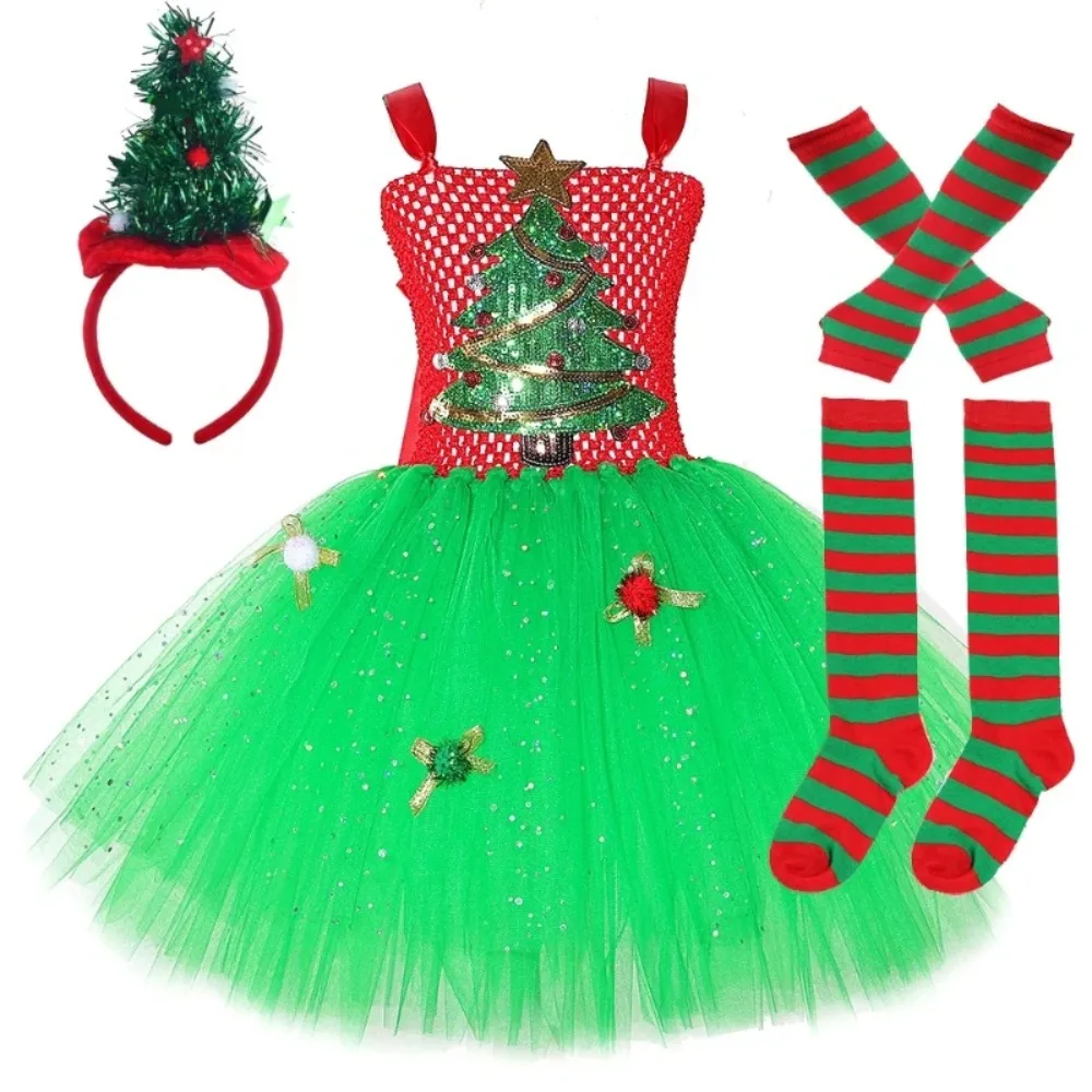 Kids Glitter Christmas Tree Tutu Dress Red Green Princess Costume Girls Xmas Holiday New Year Party Dress Up Outfit