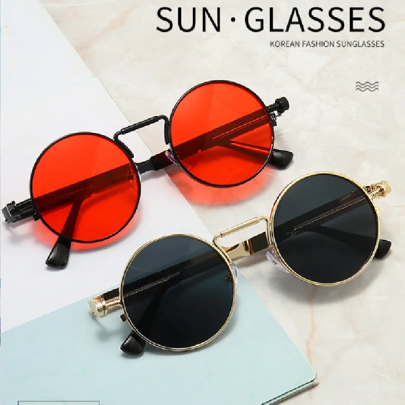 Retro metal circular sunglasses with spring legs and luxurious glasses