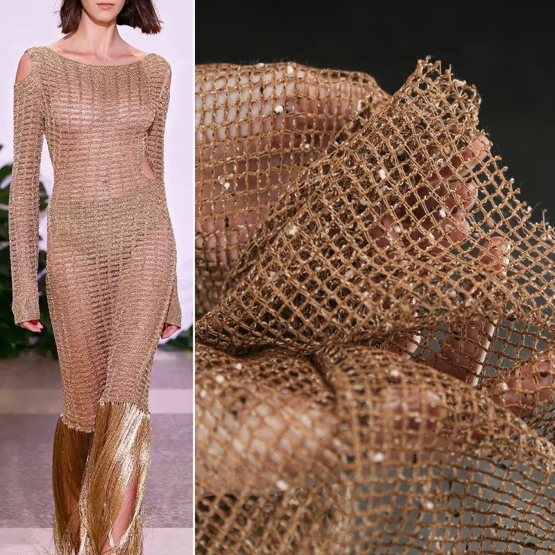 Brown Caramel Texture Particle Mesh Fabric Reconstructed Fish Mesh See Through Yarn Dress Clothing Designer Fabric