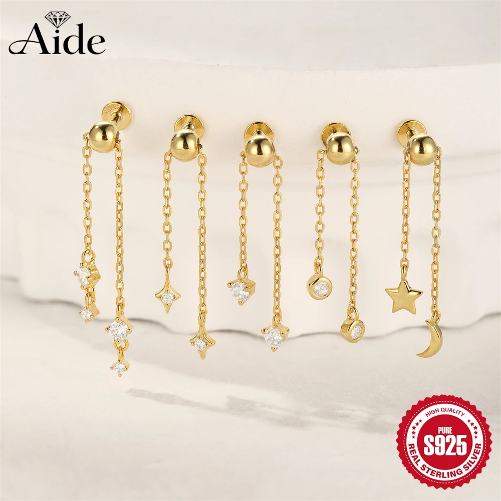 

Серьги-подвески AIDE из стерлингового серебра 925 пробы с звездами, луной и цепочкой, с плоской задней частью и внутренней резьбой, модные, минималистичные, для женщин