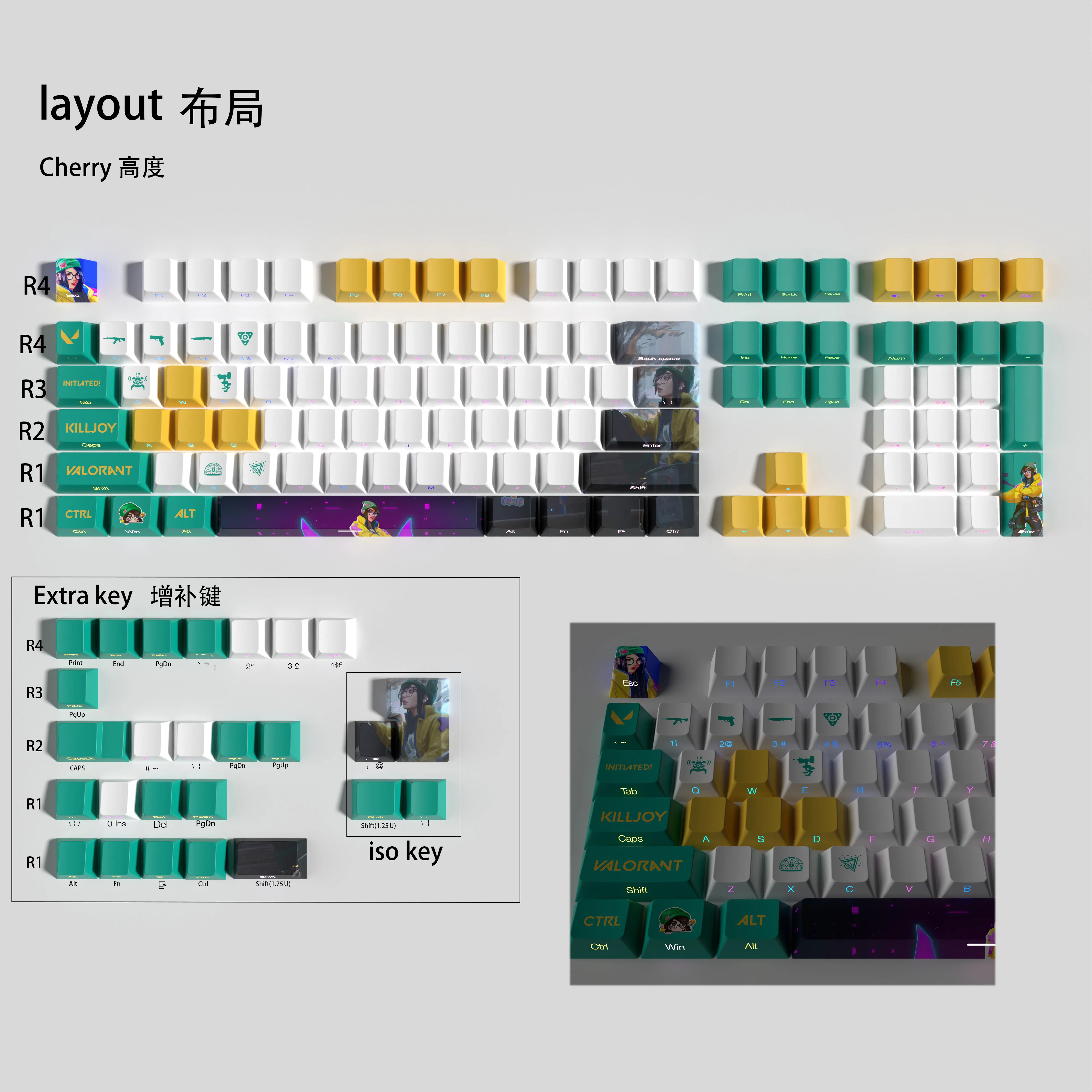 kILLJOY keycaps VALORANT full set cherry Profile Transparent Side Print Letter PBT dye sub keycaps game keycaps