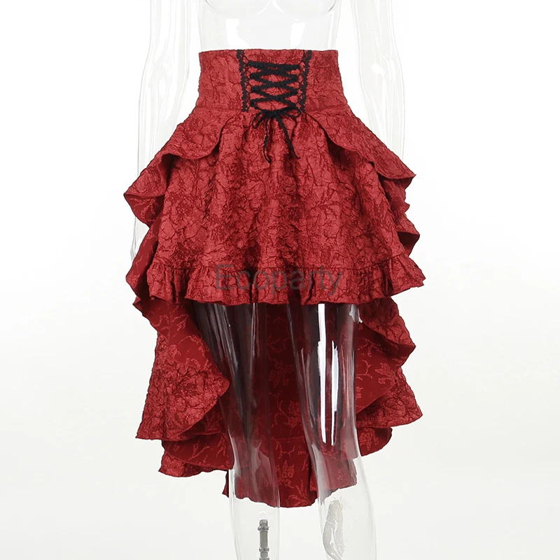 2024 Women's Gothic Lolita High Waist Trailing Skirt Vintage Red Jacquard Bandage Skirt Sexy Irregular Tail Dress For Women