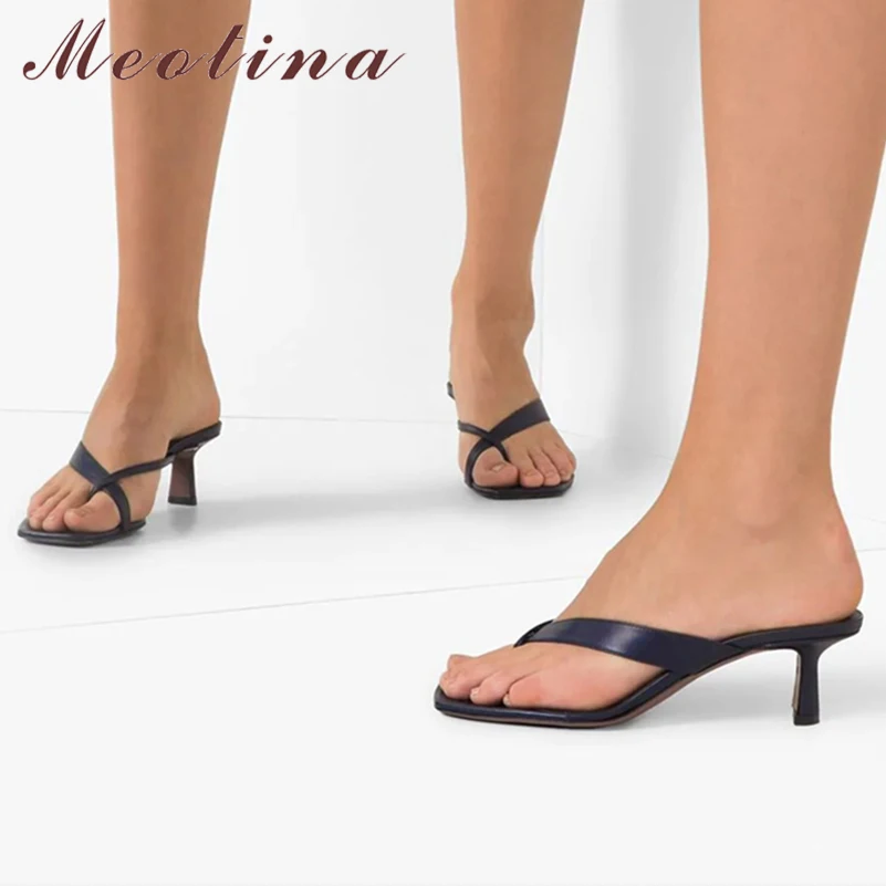 

Meotina Women Genuine Leather Flip Flop Slides Square Toe Thin Mid Heels Sandals Sexy Slippers Ladies Fashion Shoes Summer 46