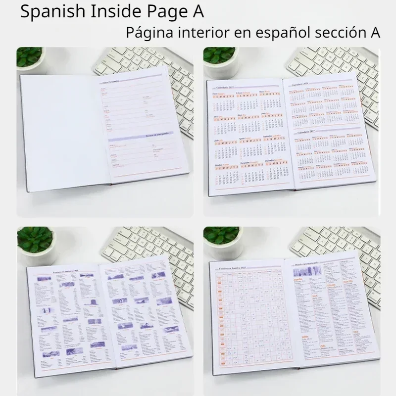 2025 Spanish Notebook Daily Schedule, 365 Day Soft Leather Calendar Notebook, Office Agenda Planner Notepad Diary Sketchbook A/B