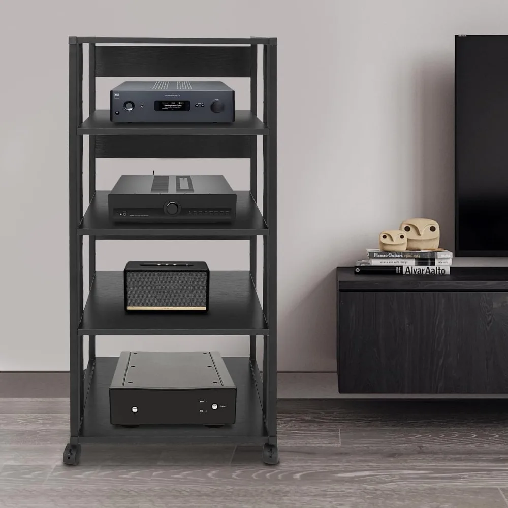 

5-Tier AV Media Stand Rack with Wheels Black Stereo Audio Rack Stand Server Racks Audio Tower, 19.7 * 15.7 * 42.9in