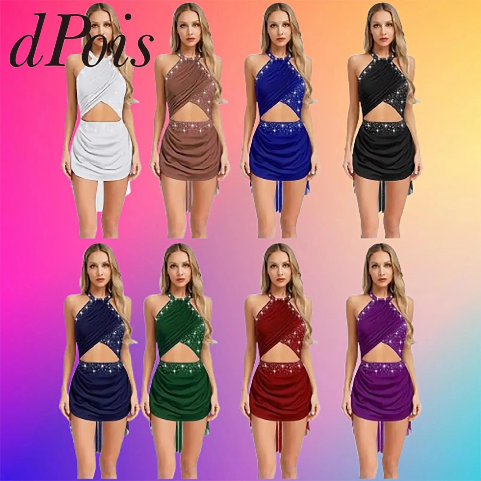 Womens Lyrical Dance Dress Skating Ballet Gymnastics Leotard Dress Stage Performance Costume Sheer Mesh Glittery Leotard Dress