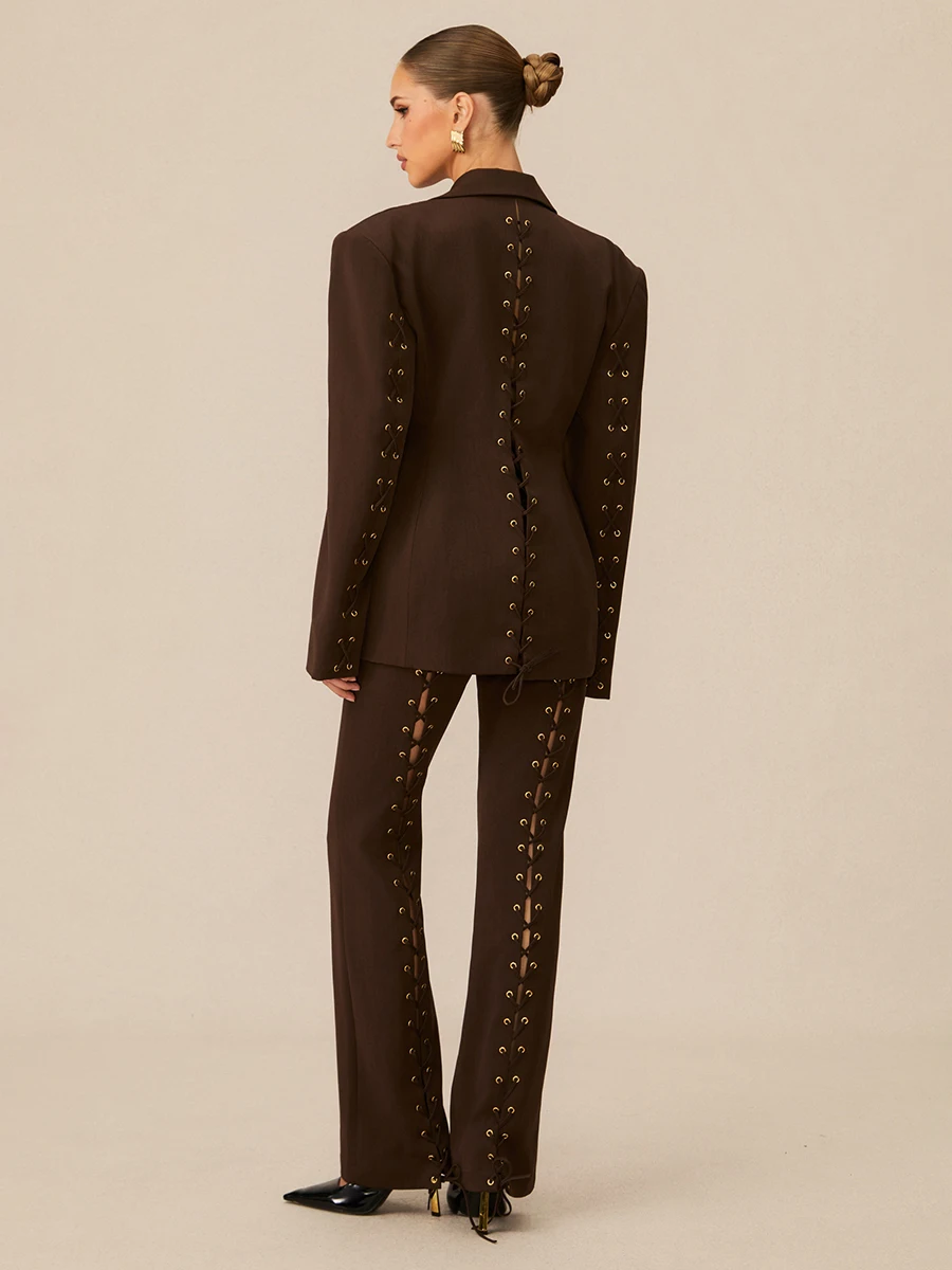 TWOTWINSTYLE الصلبة تقسم الدانتيل يصل قطعتين مجموعات للنساء التلبيب طويلة الأكمام السترة عالية الخصر بانت تصميم تحسس مجموعة الإناث #6