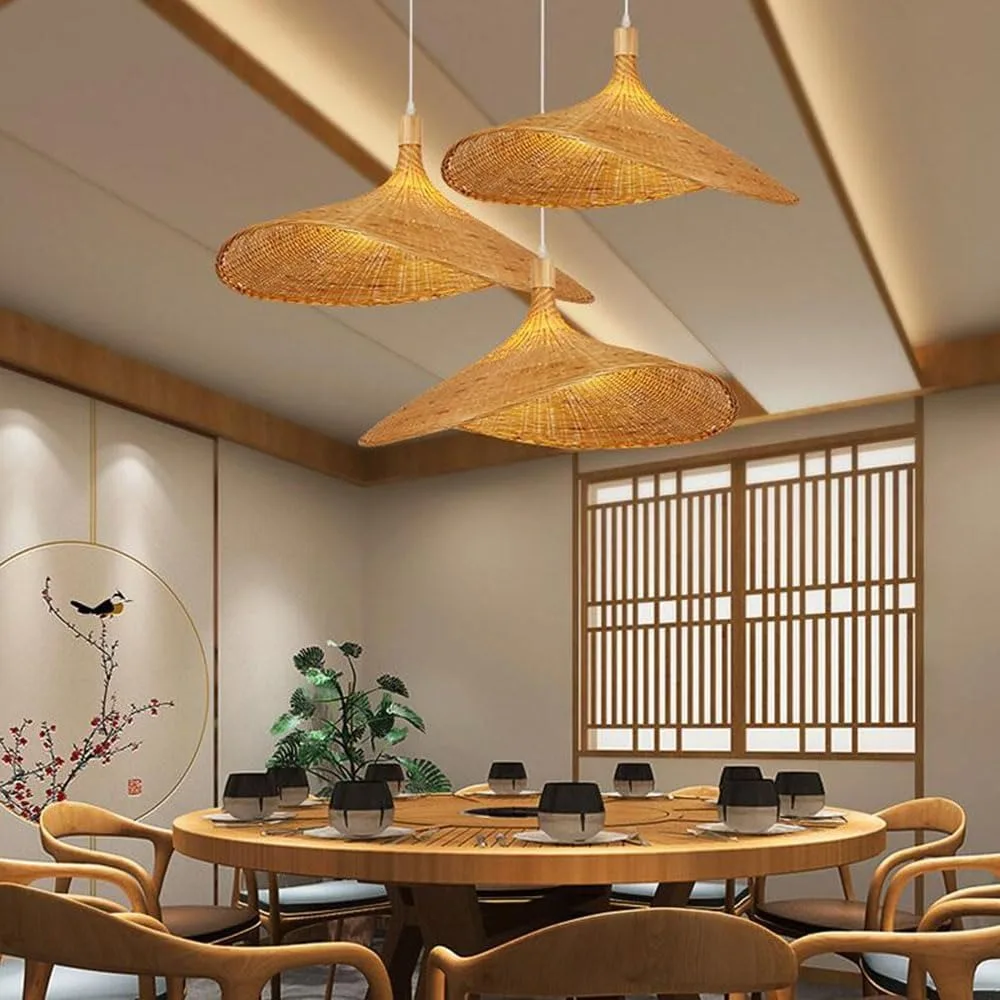 Bambou rotin chapeau de paille lustres chinois décor à la maison suspension E26/E27 plafond suspension lampe pour chambre salle à manger salon
