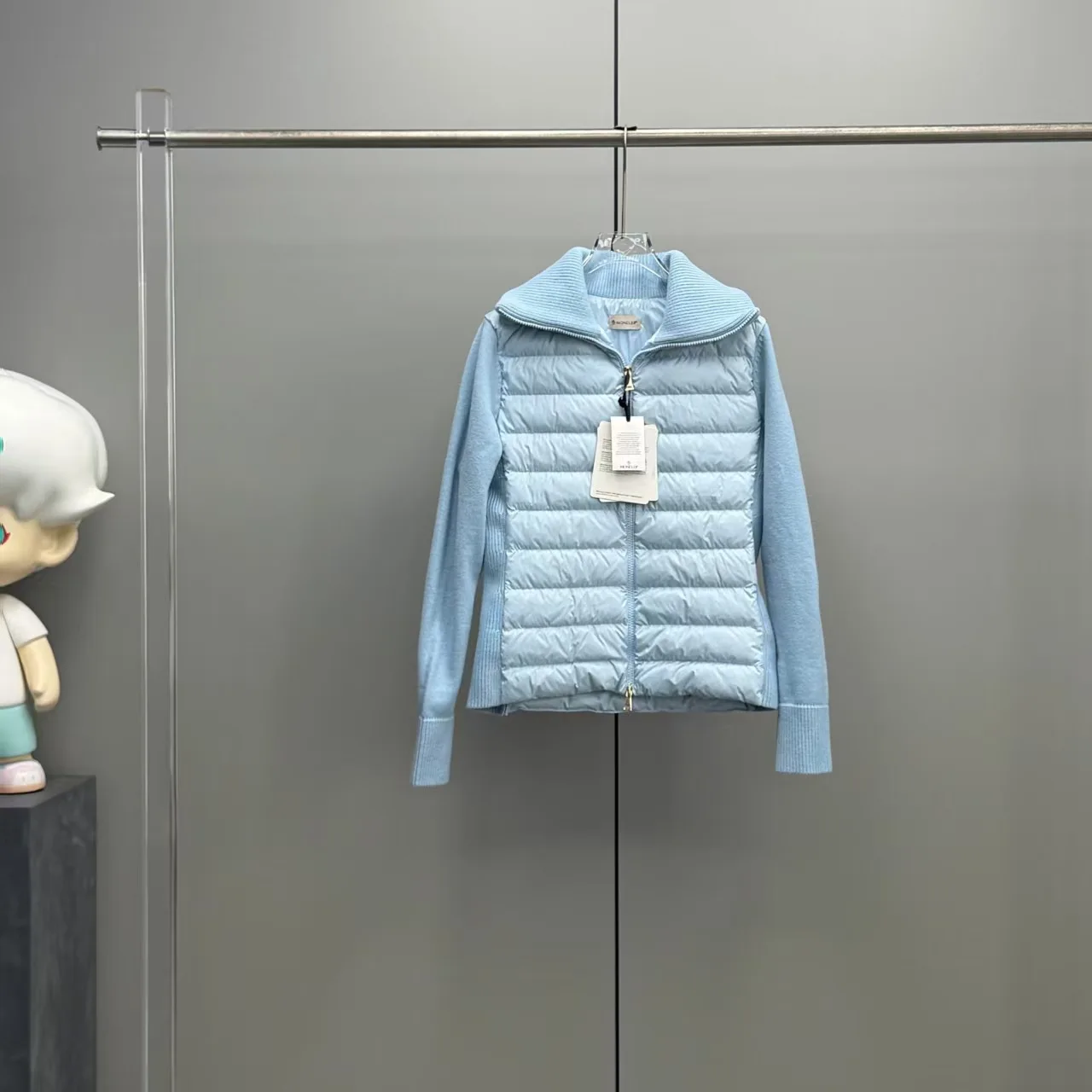 Slimming Warm Knitted Patchwork Short Lightweight down Cardigan Coat Front Feather Light Stand Collar Short down Jacket